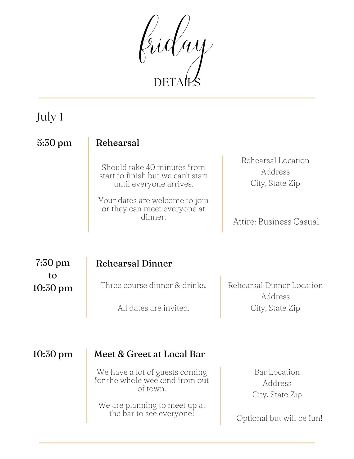 Wedding Weekend Itinerary Template Digital Download - Etsy
