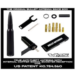May include: A black bullet-shaped antenna with various installation components. The image includes a wrench, springs, and adapters. Text reads "THE ORIGINAL BULLET ANTENNA SINCE 2010" and "BULLET ANTENNAS". The antenna is described as anti-theft with a copper signal booster.