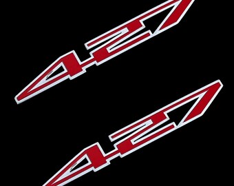 2 Fender Console Dash Badge Engine Cover Aluminum Emblems 427 Ci Motor High Performance 7.0L Corvette Chevy Ford Mustang Red and Silver