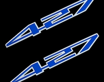 2 Fender Console Dash Badge Engine Cover Aluminum Emblems 427 Ci Motor High Performance 7.0L Corvette Chevy Ford Mustang Blue and Silver