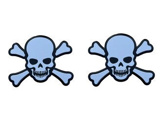 2 Badge Cross Bones Skeleton Skull Pirate Motorcycle Car Truck Aluminum Emblems White