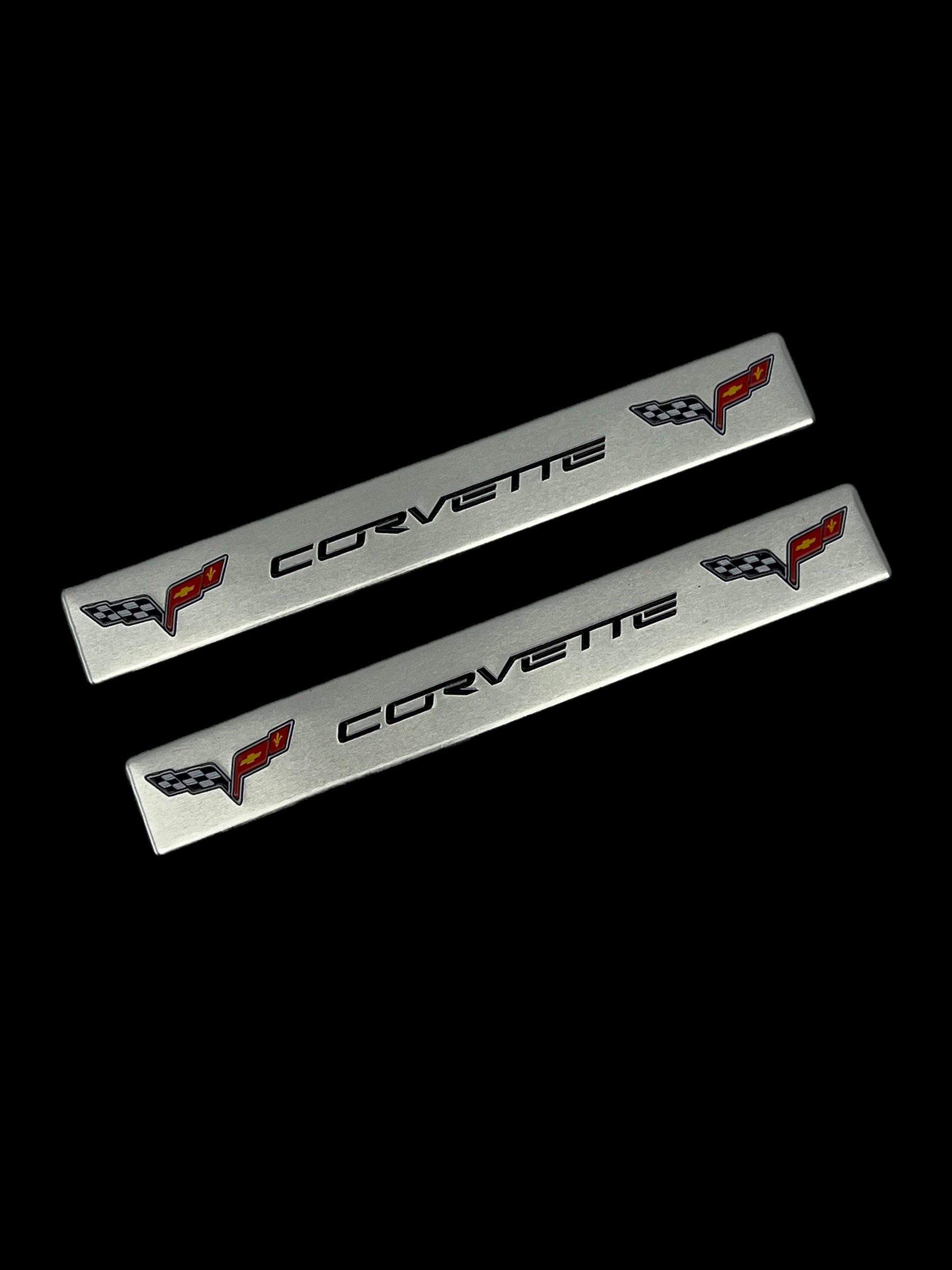 2 Rectangular Fender Console Dash Badge Engine Cover Aluminum Emblems Chevy Corvette Stingray C6 Silver