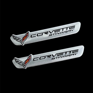 2 Fender Console Dash Badge Engine Cover Aluminum Emblems Chevy Corvette Stingray C7 Silver