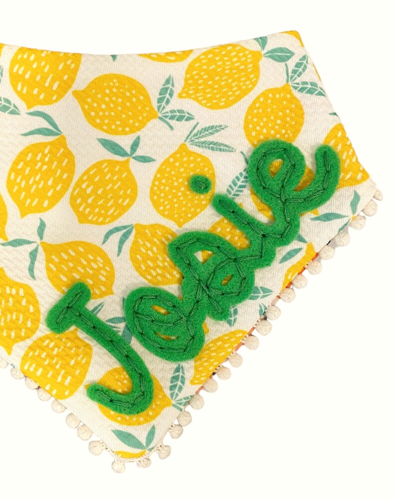 May include: A white bib with a lemon print and a green felt name "Josie" sewn on. The bib has a white pom-pom trim.