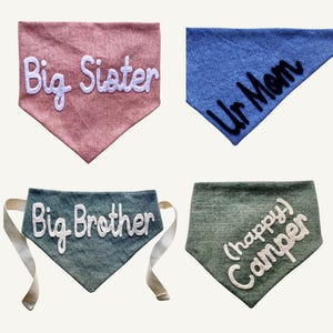Puede incluir: Cuatro bandanas para perros de tela diferentes con texto blanco sobre un fondo rosa, azul, verde y verde. El texto en las bandanas dice "Big Sister", "Ur Mom", "Big Brother" y "(happy) Camper".