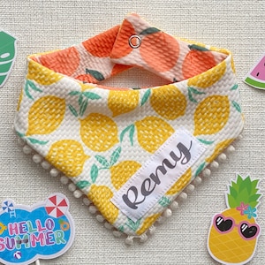 Lemon Dog Bandana | Summer Peach Dog Bandana | Reversible Dog Bandana with Mini Pom Pom Trim | Personalizable Bandana | Matching Bandana