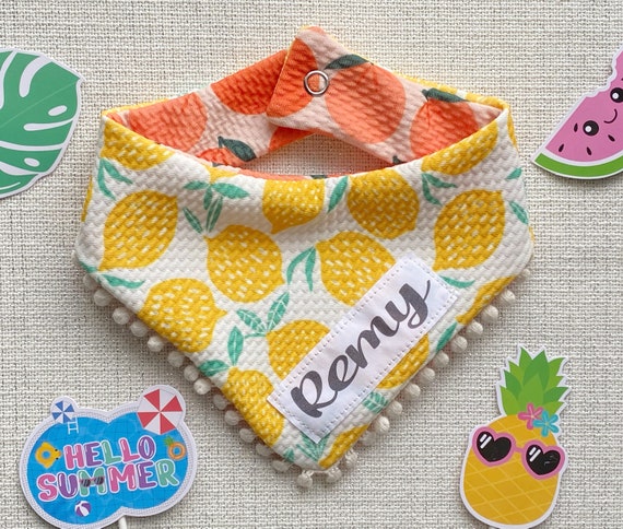 Lemon Dog Bandana | Summer Peach Dog Bandana | Reversible Dog Bandana with Mini Pom Pom Trim | Personalizable Bandana | Matching Bandana