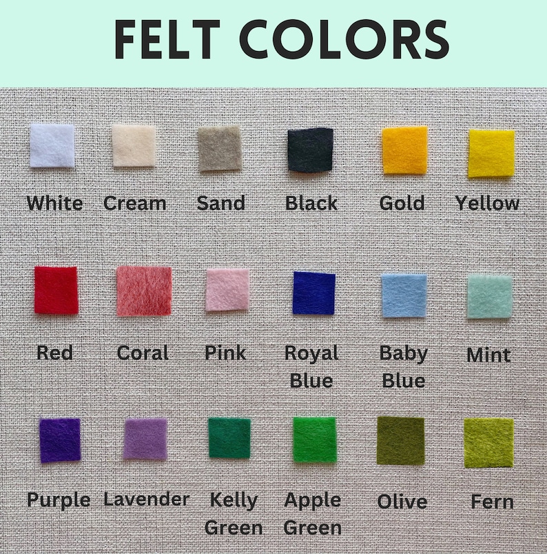 Puede incluir: Una tabla de cuadrados de fieltro en varios colores, incluyendo blanco, crema, arena, negro, dorado, amarillo, rojo, coral, rosa, azul real, azul beb&eacute;, menta, morado, lavanda, verde kelly, verde manzana, oliva y helecho.