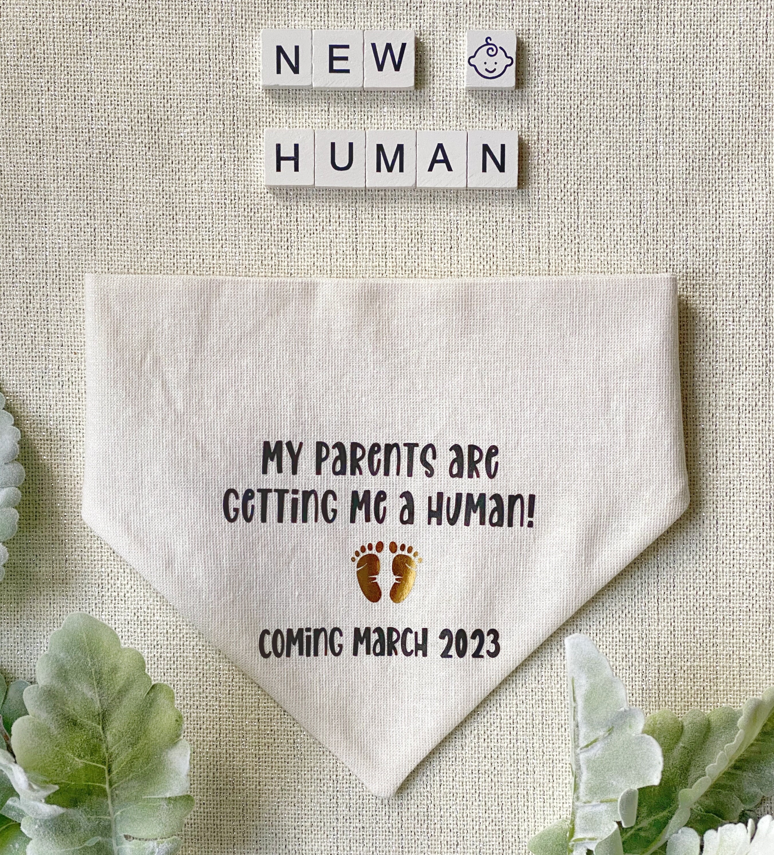 Custom Pregnancy Announcement Dog Bandana My Parents are Getting Me a Human Dog Baby Announcement Tie on Snap on Curved Neck