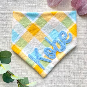 Personalized Plaid Dog Bandana | Custom Name Pet Bandana | Hand Embroidered Felt Bandana | Flannel Pet Bandana | Gift for Dog | Puppy Gift