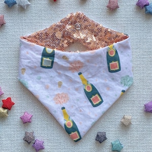 New Year&#39;s Reversible Dog Bandana, Rose Gold Sequin Dog Bandana, Champagne Dog Bandana, Celebration / Party Dog Bandana