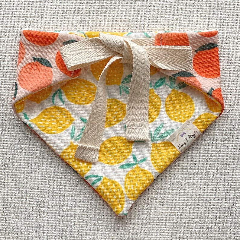 May include: A white bandana with a lemon and orange print. The bandana has a cream-colored tie and a small label that says "Remy & Ruffles".