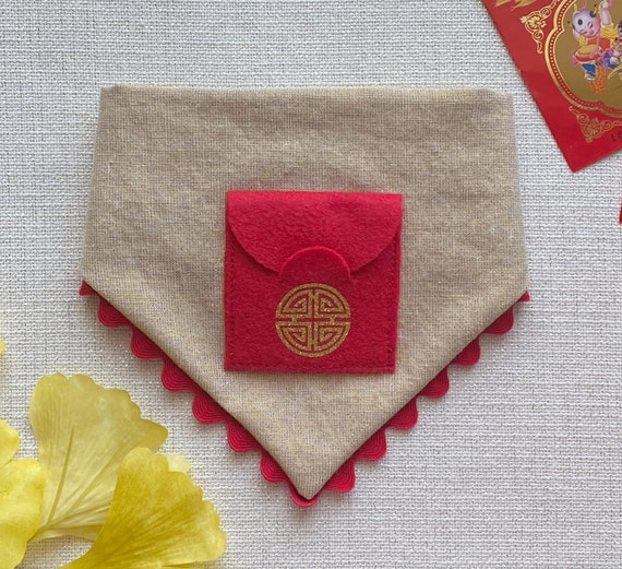 Lucky Red Envelope Dog Bandana | Lunar New Year Dog Bandana | Chinese New Year Dog Bandana with Felt Money Envelope