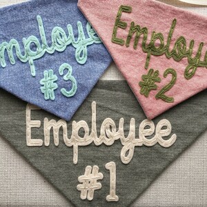 Puede incluir: Tres bandanas de tela con la palabra "Employee" y un n&uacute;mero bordado en cada una. Las bandanas son de color azul, rosa y verde.