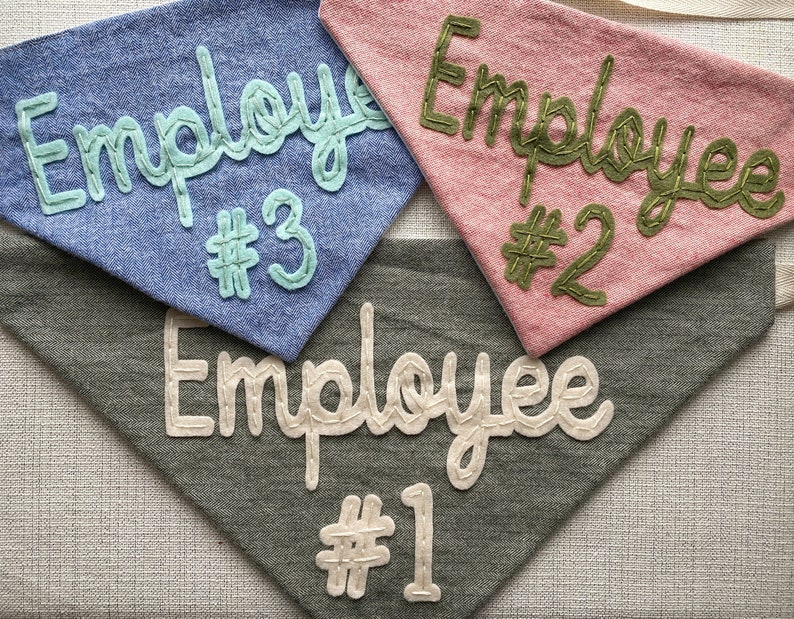 Puede incluir: Tres bandanas de tela con la palabra "Employee" y un n&uacute;mero bordado en cada una. Las bandanas son de color azul, rosa y verde.