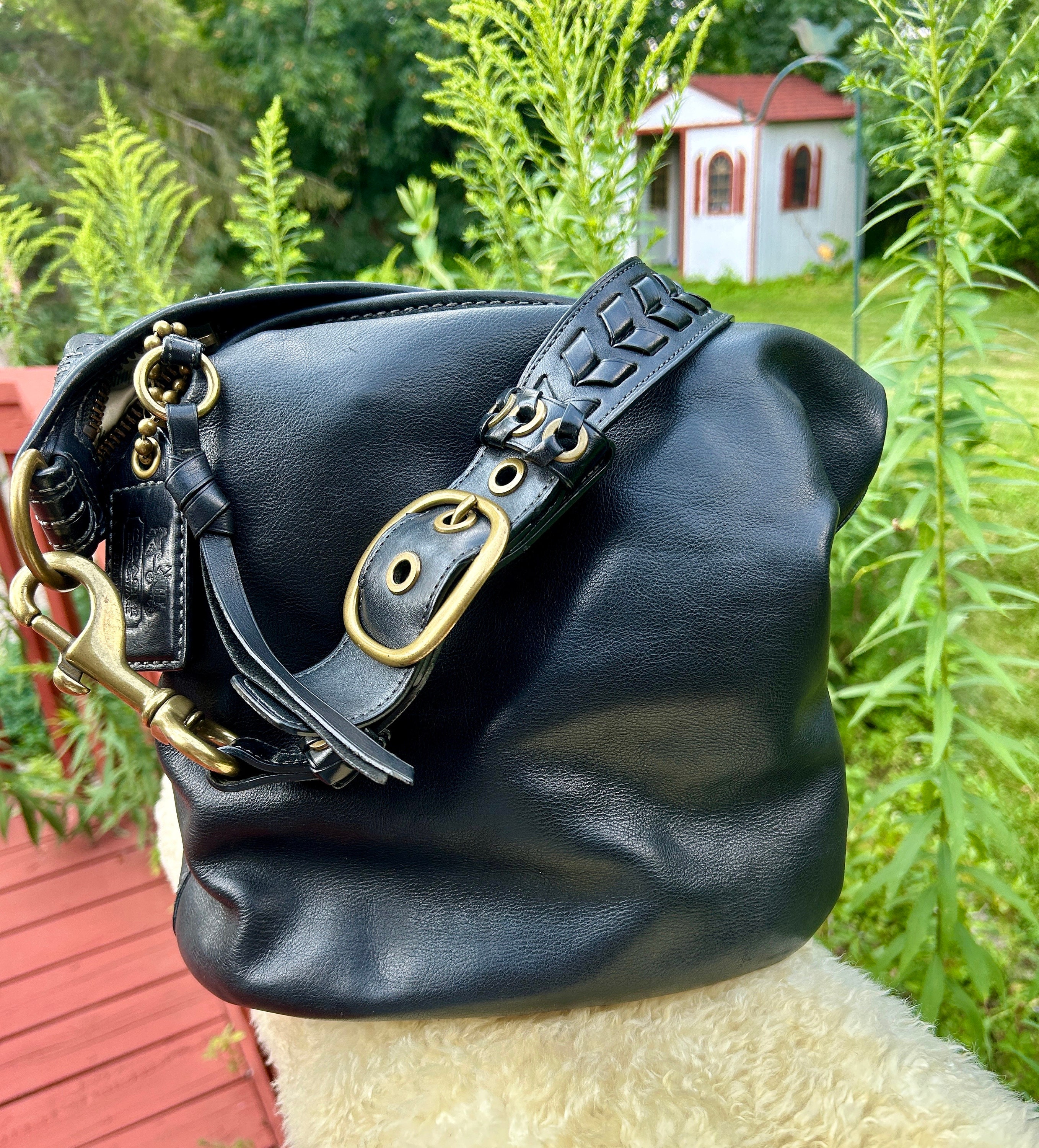 Coach Leather Bleecker Tattersall Black XL Bucket Duffle Bag Coach Leather Bleecker Tattersall Black XL Bucket Duffle Bag