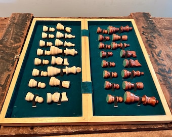 Vintage Folding Wooden Chess Board, 16"x16" Overall, 12.5" Board with 1 & 9/16" Squares, 3" King, Solid Wood Chess Piece