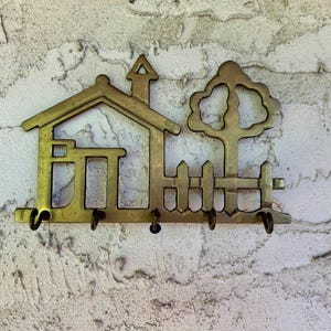 Vtg. Genuine Brass house neighborhood shaped key hook ring holder wall hanging