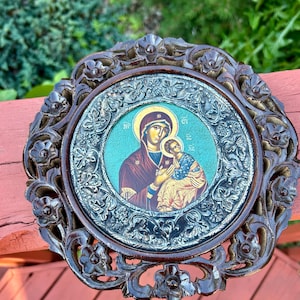 Hand-Painted Greek Icon of the Madonna & Child with silver, Byzantine icon copy
