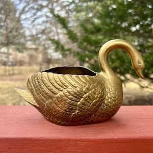 SWAN VTG.  Large Heavy Traditional Solid Brass Swan Bird Planter 9” X 5” X 5”