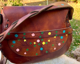 Vintage Mexican Hand Tooled Leather Bag Purse Hand Painted  display picture 2