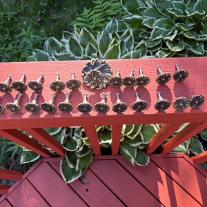 May include: A collection of twenty-two round metal cabinet knobs with a dark bronze finish and a raised floral petal design. One knob is significantly larger than the others, featuring a more intricate, layered botanical pattern in the center.