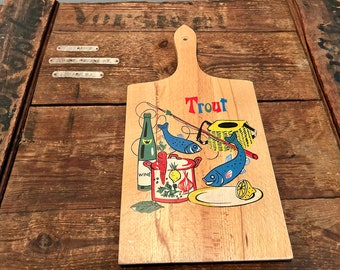 Nevco Wood Cutting Board Yugoslavia Trout Wine Charcuterie Cheese Vintage