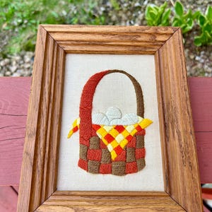 Vintage framed embroidered basket crewel