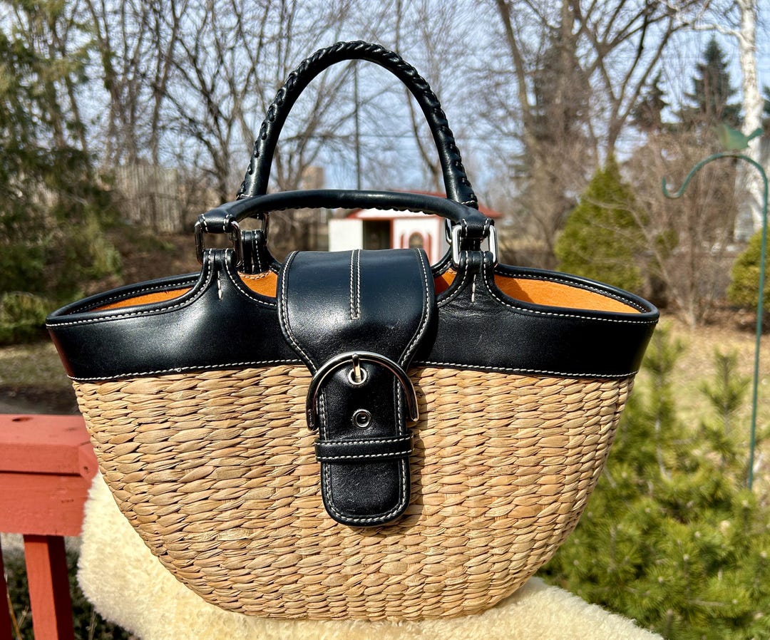 Vintage Coach Soho Small Market Basket Tote Black W Straw Y2K - Etsy