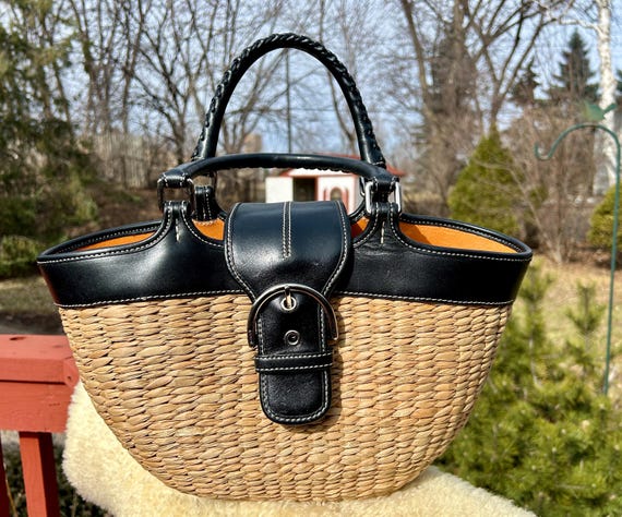 Vintage Coach Soho Small Market Basket Tote Black W Straw Y2K - Etsy