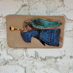 90&#39;s Pottery Angel Wall Hanging, Blue Flying Angel With Gold Trumpet, D. Vaquer