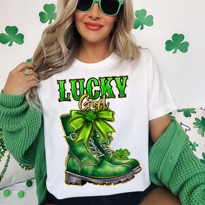 Lucky Girl PNG, St Patrick&#39;s Day Cowboy Boots png, Green Shamrock Bow png, Western Irish Sublimation, Lucky St Patrick&#39;s Day Design