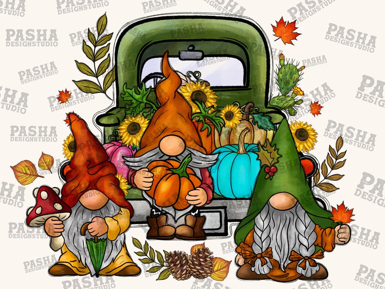 May include: Three gnomes are piled into the back of a green vintage pickup truck. The gnomes are wearing red, yellow, and green hats. The truck is filled with pumpkins, gourds, and sunflowers.