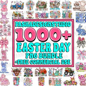 May include: A digital collage of 1000+ Easter-themed PNG images, featuring bunnies, eggs, bows, and other festive designs. The text "PASHADESIGNSTUDIO 1000+ EASTER DAY PNG BUNDLE +FREE COMMERCIAL USE" is displayed in pink and blue.