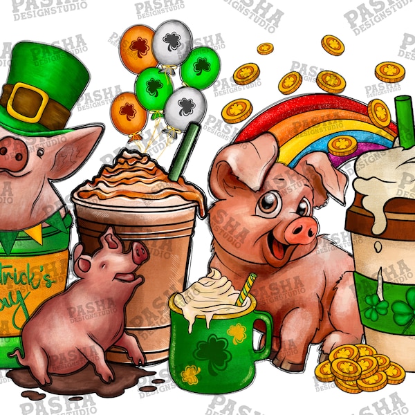 St. Patrick's Day Coffee Drink Png,Patrick's Day Pig, Pig Png, Sublimation Designs, Pig Coffee, Lucky Coffee png,Sublimation Png,Coffee Cups