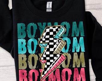 Boy Mom Png, checkered lightning Bolt distressed Png, grunge retro vintage letters boy Mama Print Mom of boys Shirt Png, Sublimation designs