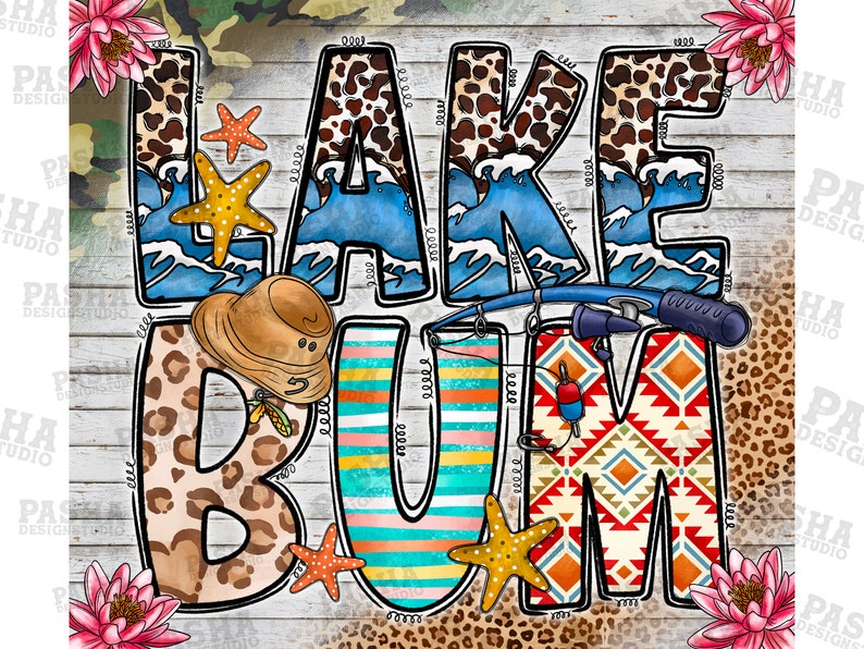 May include: A colorful graphic design with the words "Lake Bum" in a variety of patterns and colors. The letters are surrounded by images of fish, waves, and fishing poles.