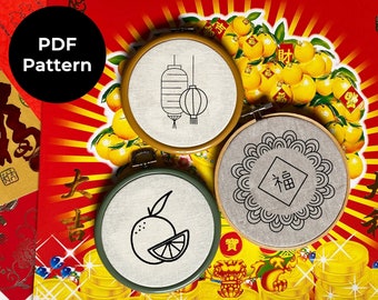Patrón de bordado PDF dibujado a mano / Conjunto de motivos del Año Nuevo Lunar / ¡Perfecto para pegar y coser!