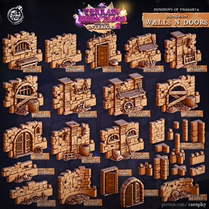 Dungeon Walls and Doors | Modular Terrain | RPG Miniature for Dungeons and Dragons | Pathfinder | Tabletop | Cast N Play | 3D Printed 32mm
