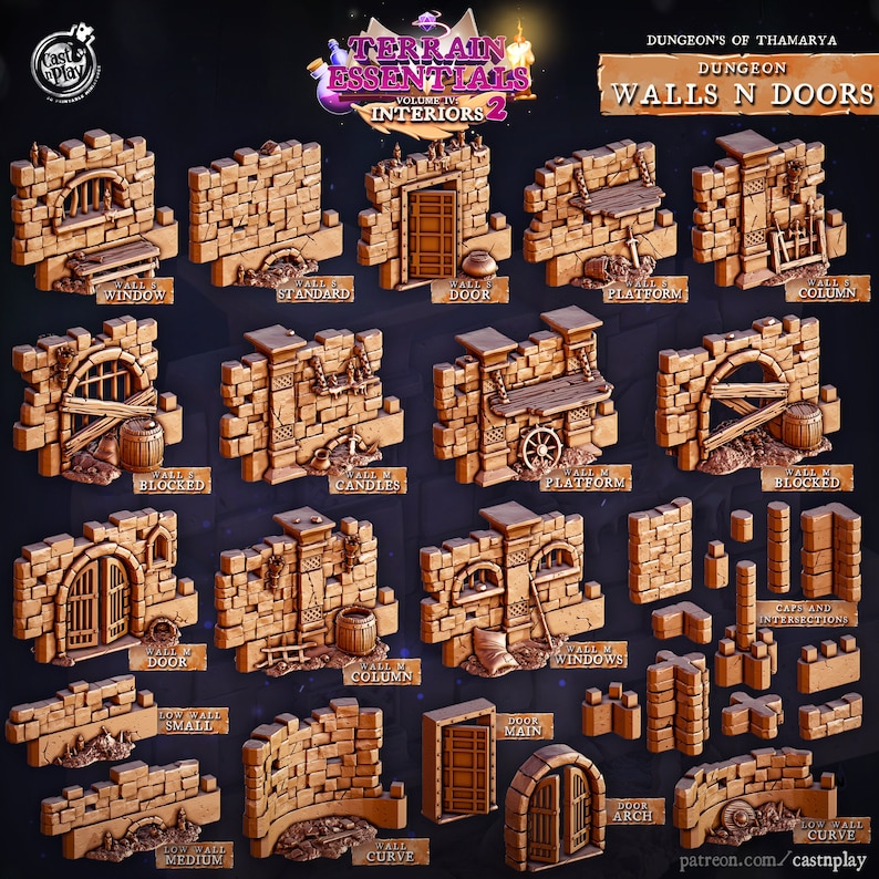 May include: A set of 20 dungeon wall and door pieces for tabletop gaming. The pieces are made of a light brown material and feature various textures and details, including windows, doors, columns, and platforms. The pieces are designed to be used with miniature figures and other gaming accessories.