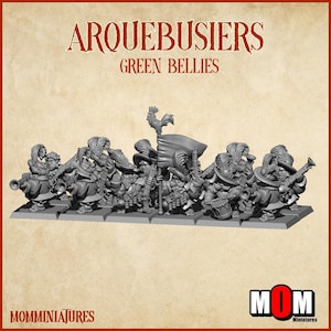May include: A set of grey miniature figures titled ARQUEBUSIERS GREEN BELLIES, featuring a group of soldiers with feathered hats, long firearms, and a central flag topped with a rooster. The figures are arranged on a rectangular base.