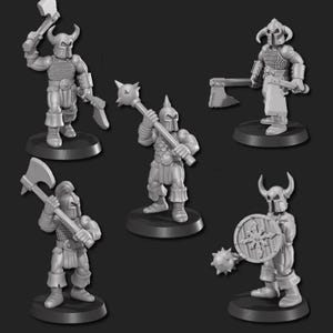 May include: Five miniature figures of warriors, each with a different weapon and pose. The figures are made of grey plastic and are detailed with armour, weapons, and facial features.