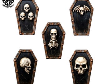 Coffin Shields | 28mm and 32mm Resin Shield Bits | Fantasy Miniature Accessories | Tabletop RPG & Wargaming