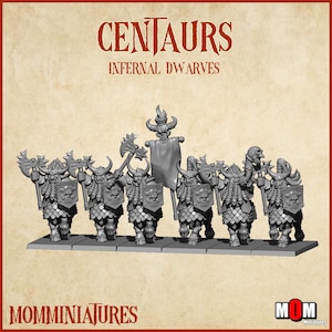 Könnte beinhalten: Eine Gruppe grauer Miniaturfiguren von Zentaur, Infernalen Zwergen, mit Äxten und Schilden. Die Figuren stehen auf einem grauen Sockel. Der Text "CENTAURS" und "INFERNAL DWARVES" steht oben. Der Text "MOMMINIATURIES" steht unten.