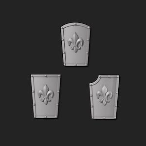 May include: Four silver-colored shields with a fleur-de-lis design. The shields are different sizes and shapes.