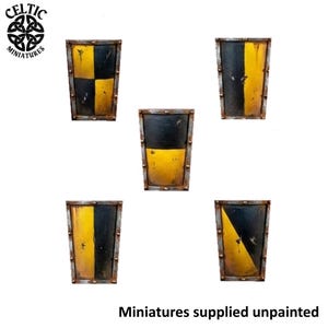 May include: Five rectangular miniature shields featuring various black and yellow patterns with metallic, weathered borders. The shields display quartered, halved, and diagonal designs. The text CELTIC MINIATURES appears in the top left corner, and the text Miniatures supplied unpainted is at the bottom.