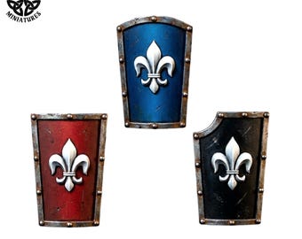 Fleur Pavise Shields | 28mm and 32mm Resin Bits | Fantasy Miniature Accessories | Tabletop RPG & Wargaming