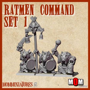 May include: A grey resin miniature set titled RATMEN COMMAND SET 1 featuring three rat-like figures on a rectangular base. The figures wear tattered robes and chainmail, holding a tall banner with a skull, a curved blade, a shield, and a mace.