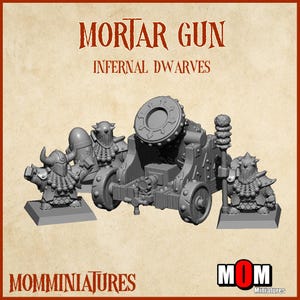 May include: A gray miniature mortar gun with Infernal Dwarves figurines. The mortar gun has a large barrel and is mounted on a wheeled carriage. The figurines are armored and stand on square bases. The text "MORTAR GUN" and "INFERNAL DWARVES" is visible.