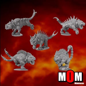 May include: Five gray miniature fantasy creatures with spiky backs and tails, posed on individual bases. The creatures have open mouths and are in various stances. The image includes the text "MOM Miniatures".